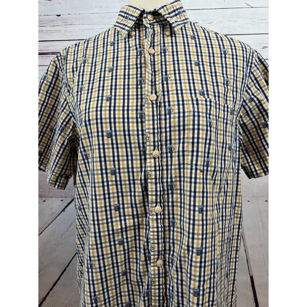 ROWM Golf shirt size Medium‎ BEER short sleeve button front camp Pocket Plaid